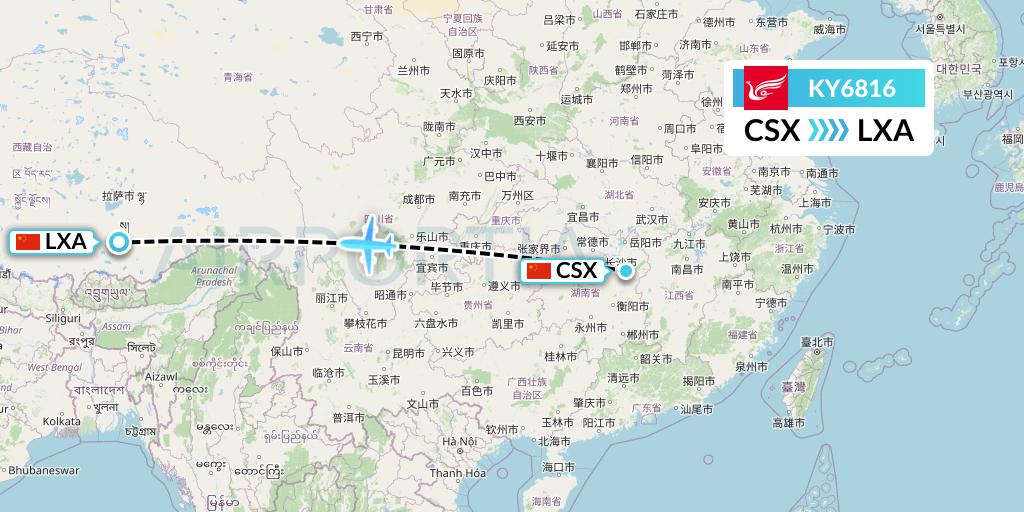 KY6816 Kunming Airlines Flight Map: Changsha to Lhasa