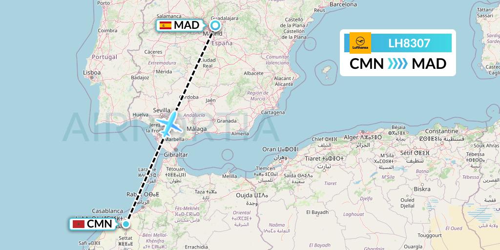 LH8307 Lufthansa Flight Map: Casablanca to Madrid