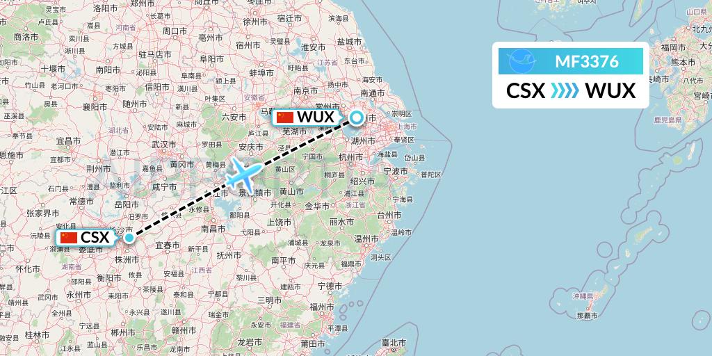 MF3376 Xiamen Airlines Flight Map: Changsha to Wuxi