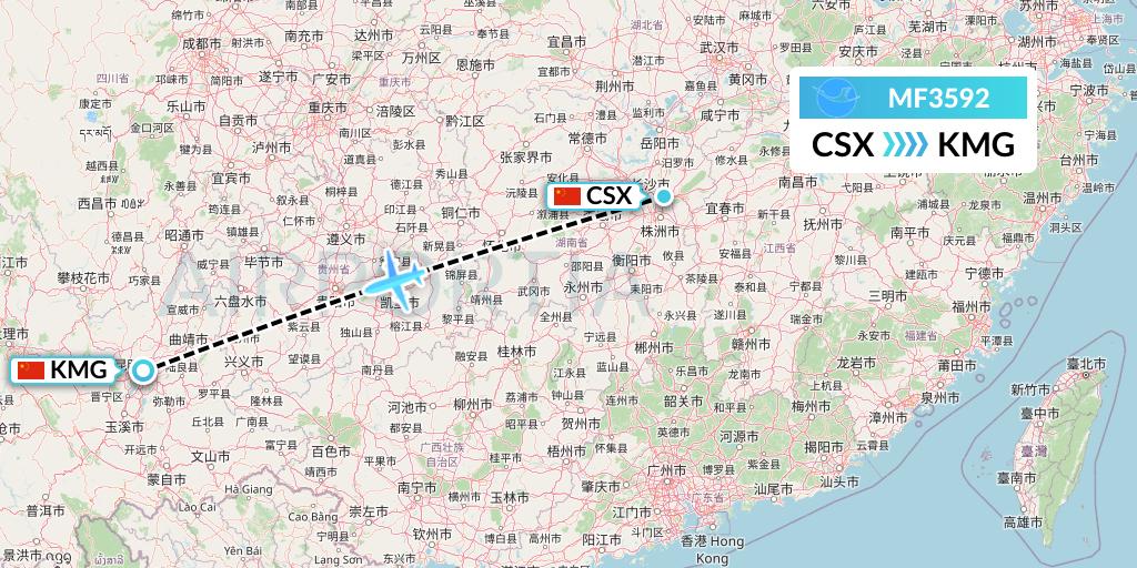 MF3592 Xiamen Airlines Flight Map: Changsha to Kunming