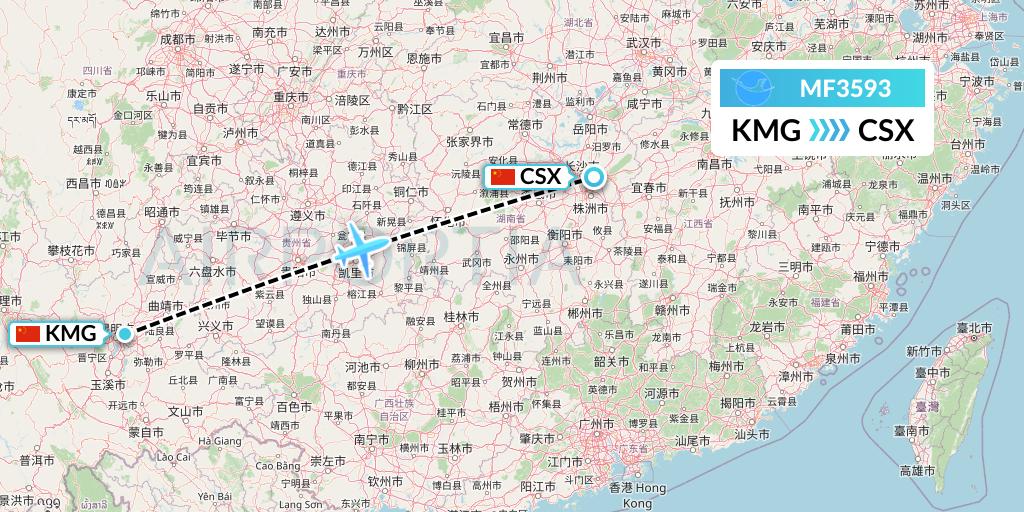 MF3593 Xiamen Airlines Flight Map: Kunming to Changsha