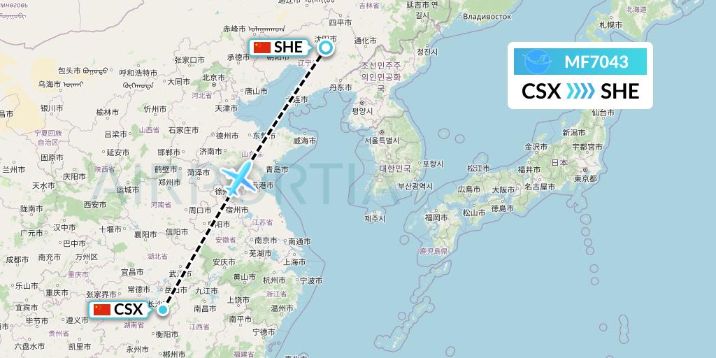 MF7043 Xiamen Airlines Flight Map: Changsha to Shenyang