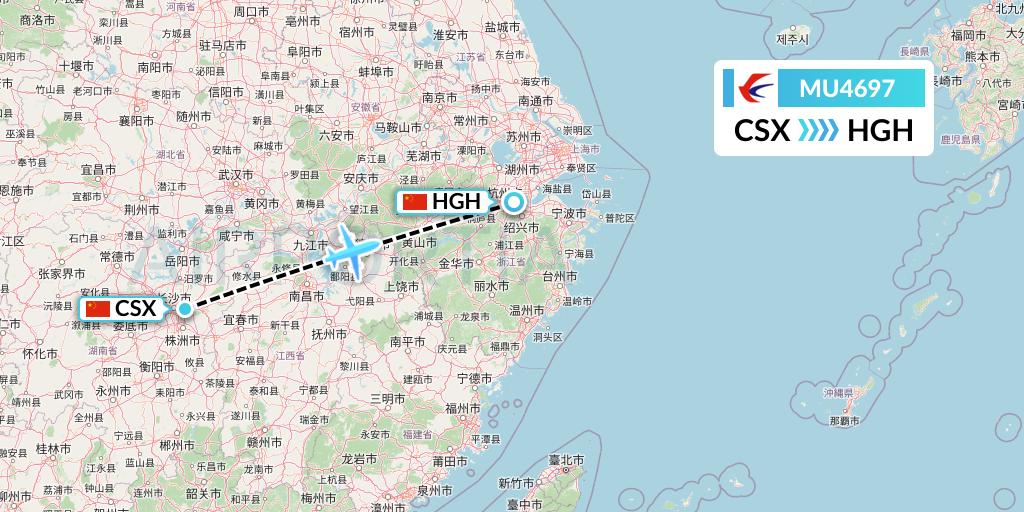 MU4697 China Eastern Airlines Flight Map: Changsha to Hangzhou