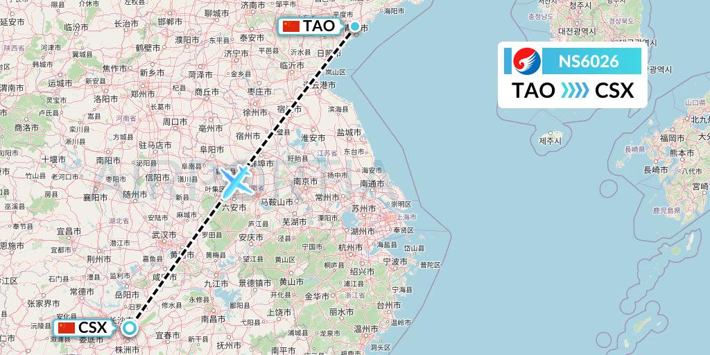 NS6026 Hebei Airlines Flight Map: Qingdao to Changsha