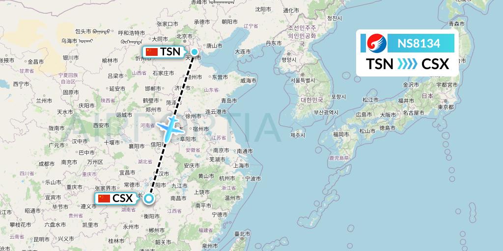 NS8134 Hebei Airlines Flight Map: Tianjin to Changsha