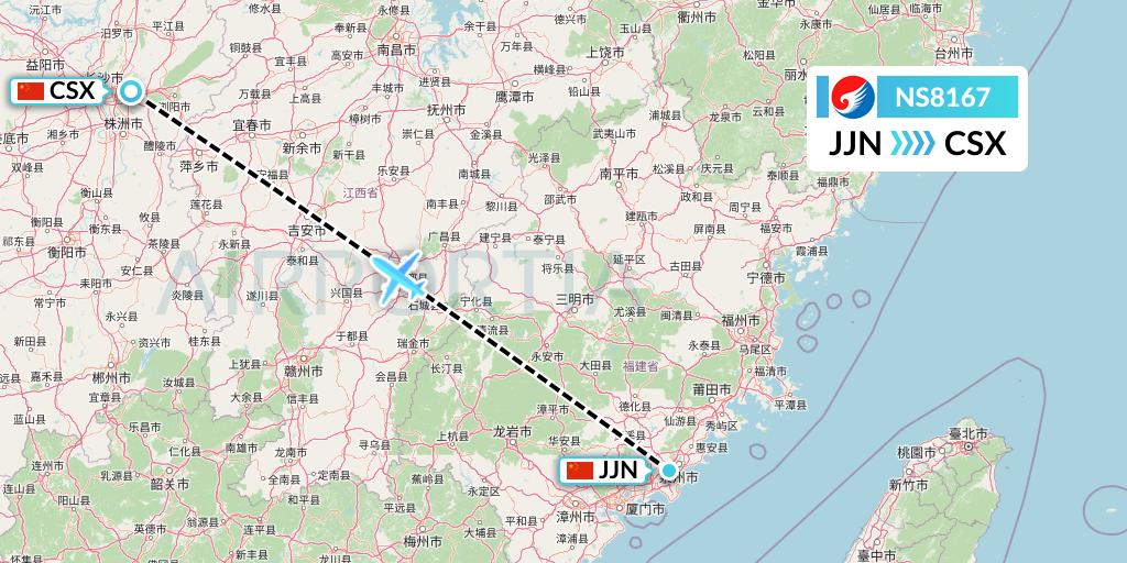 NS8167 Hebei Airlines Flight Map: Jinjiang to Changsha