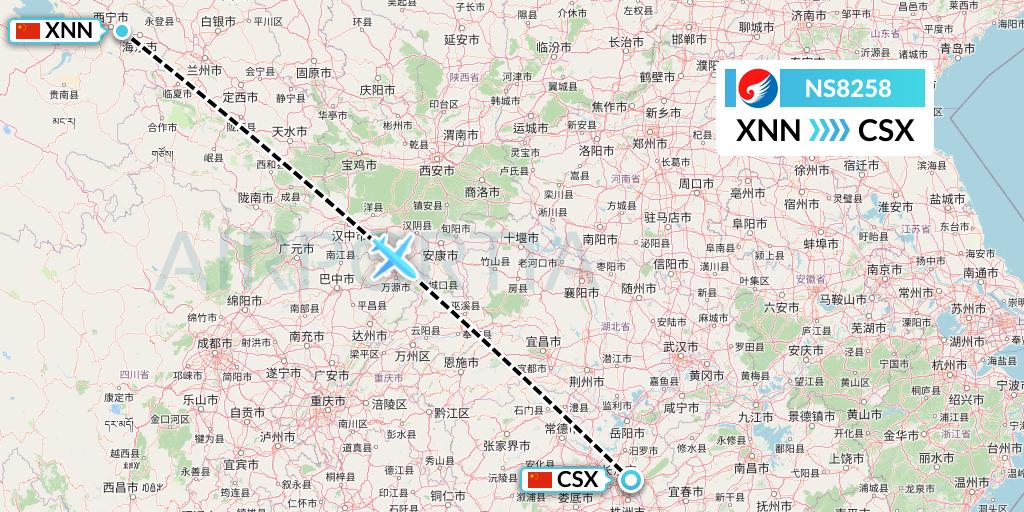 NS8258 Hebei Airlines Flight Map: Xining to Changsha
