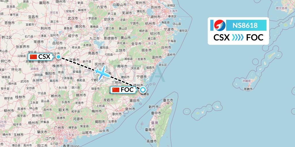 NS8618 Hebei Airlines Flight Map: Changsha to Fuzhou