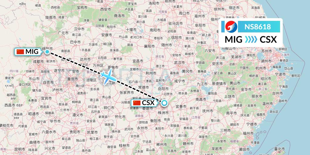 NS8618 Hebei Airlines Flight Map: Mianyang to Changsha