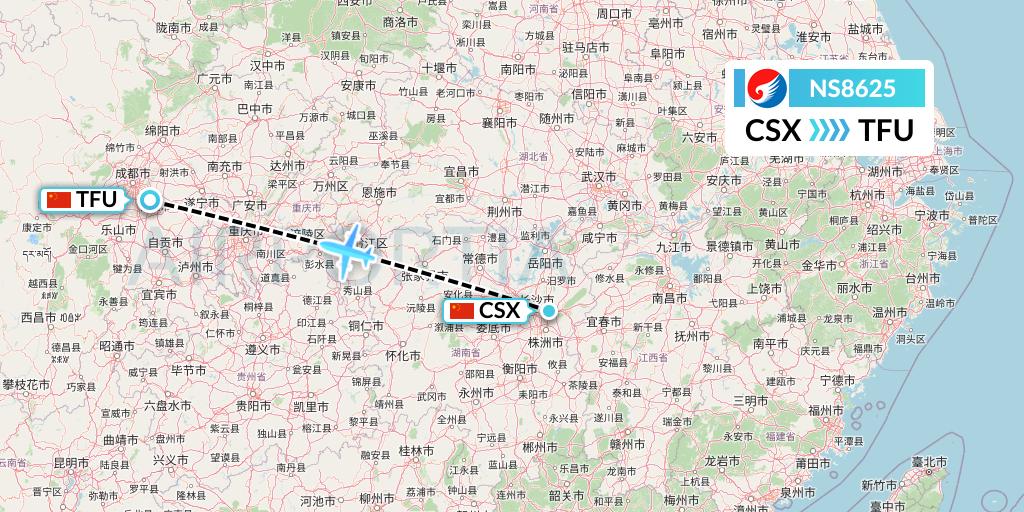 NS8625 Hebei Airlines Flight Map: Changsha to Chengdu