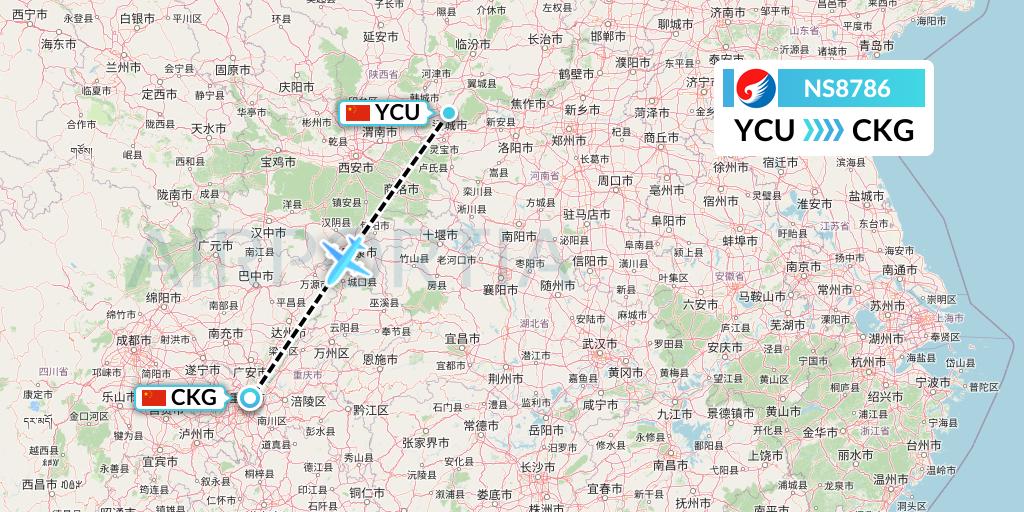 NS8786 Hebei Airlines Flight Map: Yuncheng to Chongqing