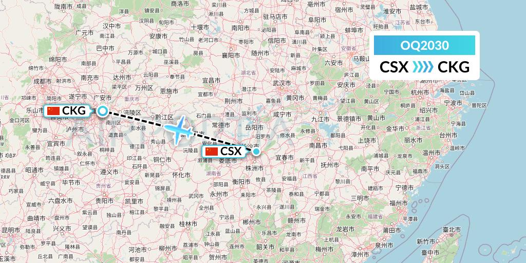 OQ2030 Chongqing Airlines Flight Map: Changsha to Chongqing