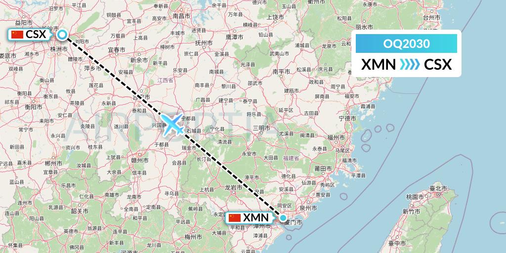 OQ2030 Chongqing Airlines Flight Map: Xiamen to Changsha