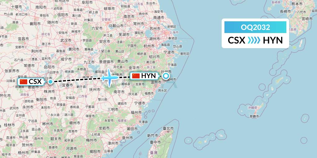 OQ2032 Chongqing Airlines Flight Map: Changsha to Huangyan