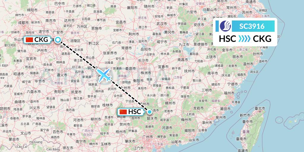 SC3916 Shandong Airlines Flight Map: Shaoguan to Chongqing