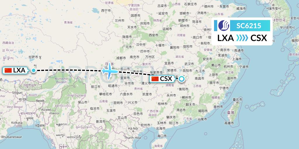 SC6215 Shandong Airlines Flight Map: Lhasa to Changsha