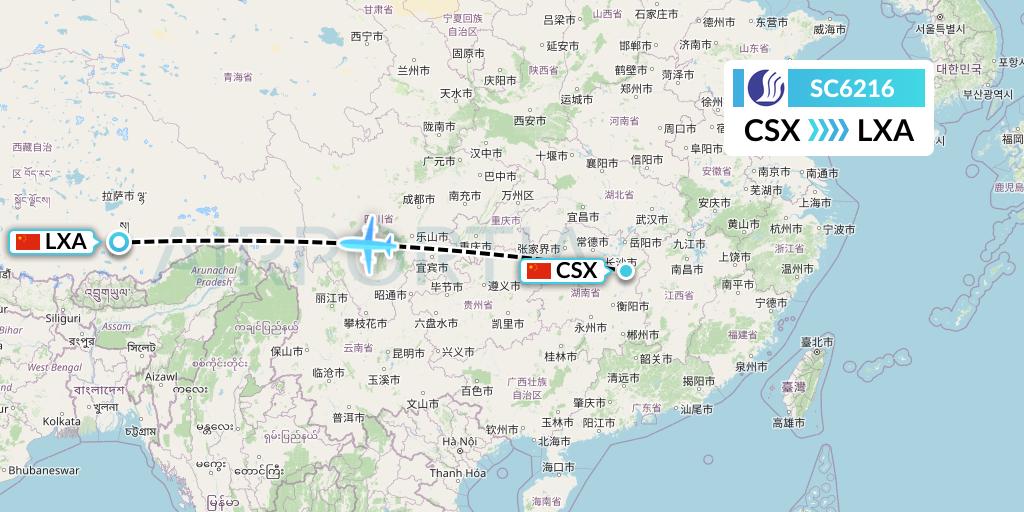SC6216 Shandong Airlines Flight Map: Changsha to Lhasa