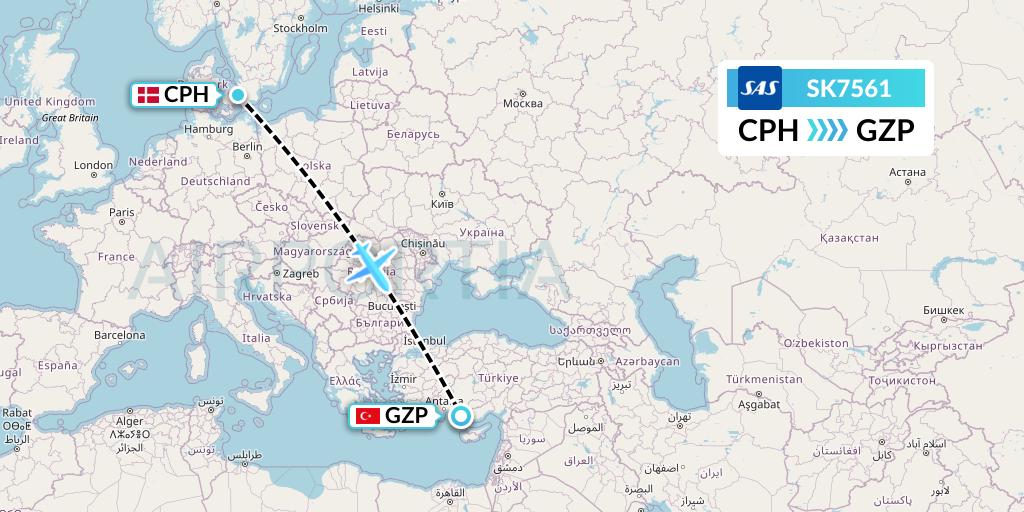 SK7561 SAS Flight Map: Copenhagen to Gazipasa
