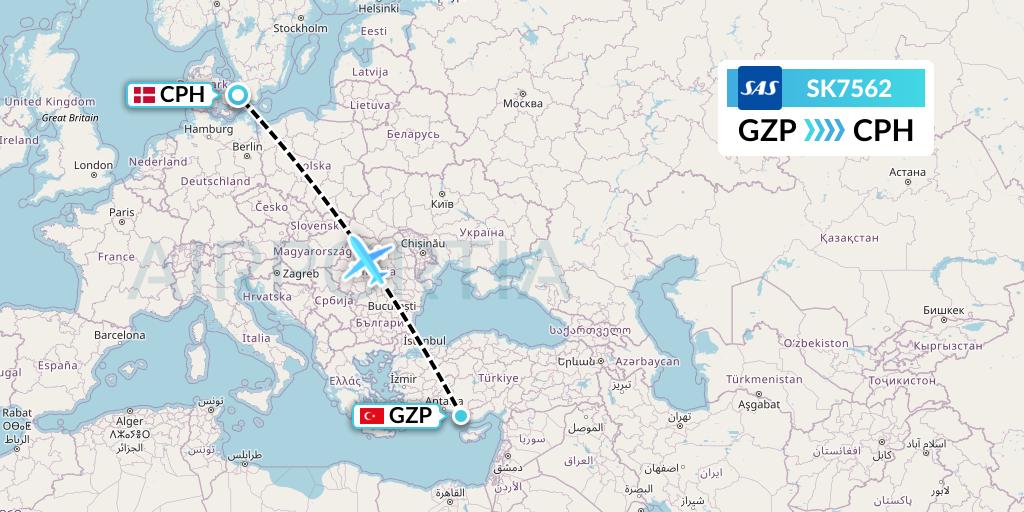 SK7562 SAS Flight Map: Gazipasa to Copenhagen