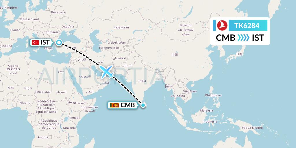 TK6284 Turkish Airlines Flight Map: Colombo to Istanbul