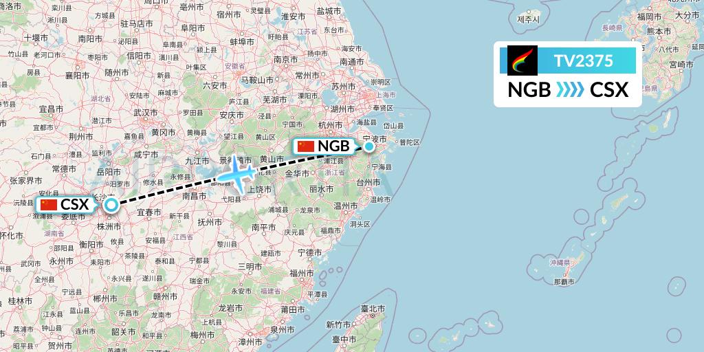 TV2375 Tibet Airlines Flight Map: Ningbo to Changsha