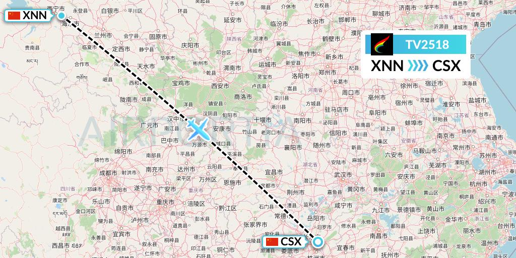TV2518 Tibet Airlines Flight Map: Xining to Changsha