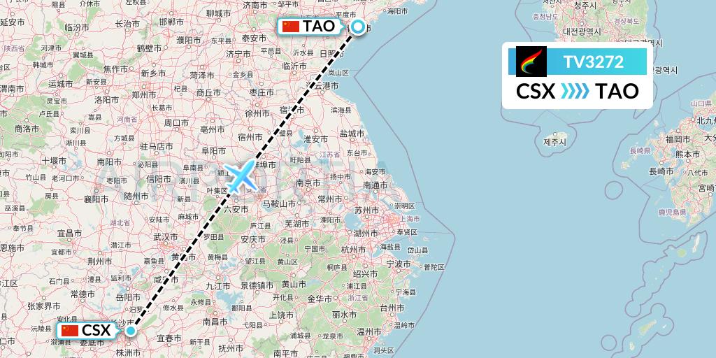 TV3272 Tibet Airlines Flight Map: Changsha to Qingdao