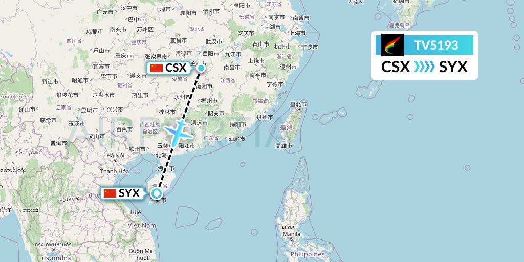 TV5193 Tibet Airlines Flight Map: Changsha to Sanya
