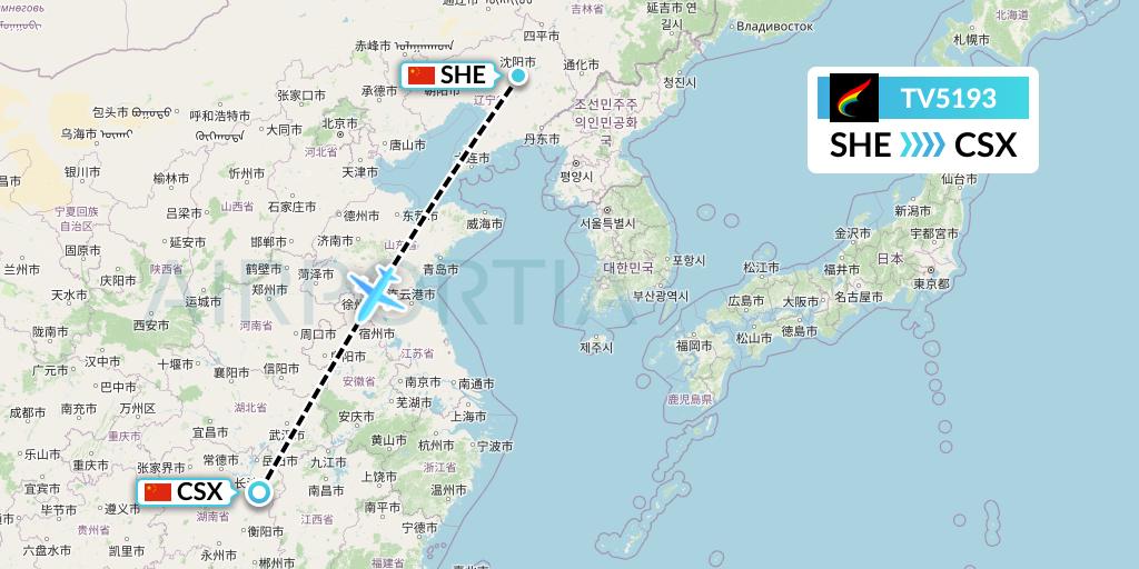 TV5193 Tibet Airlines Flight Map: Shenyang to Changsha