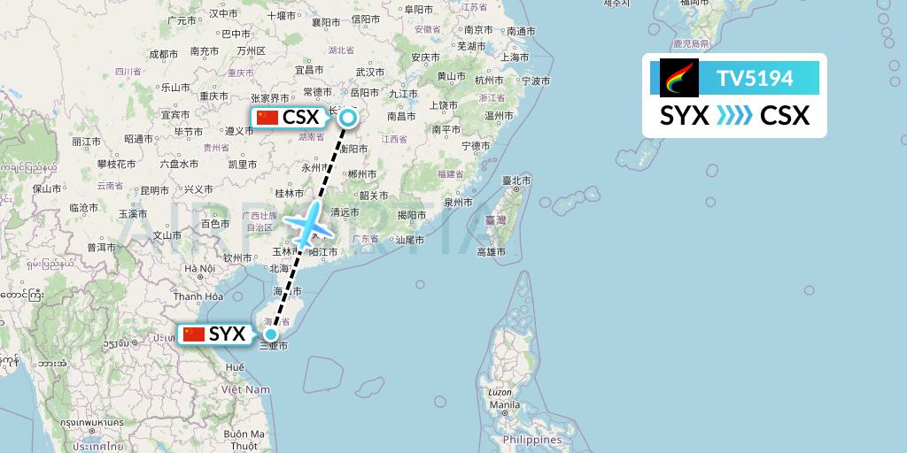 TV5194 Tibet Airlines Flight Map: Sanya to Changsha