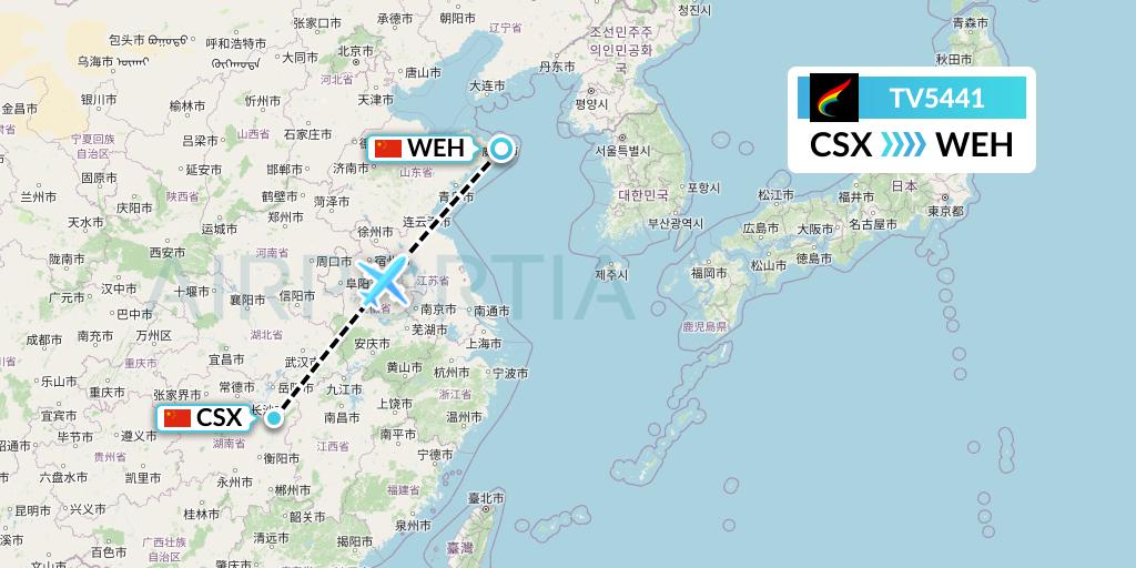 TV5441 Tibet Airlines Flight Map: Changsha to Weihai