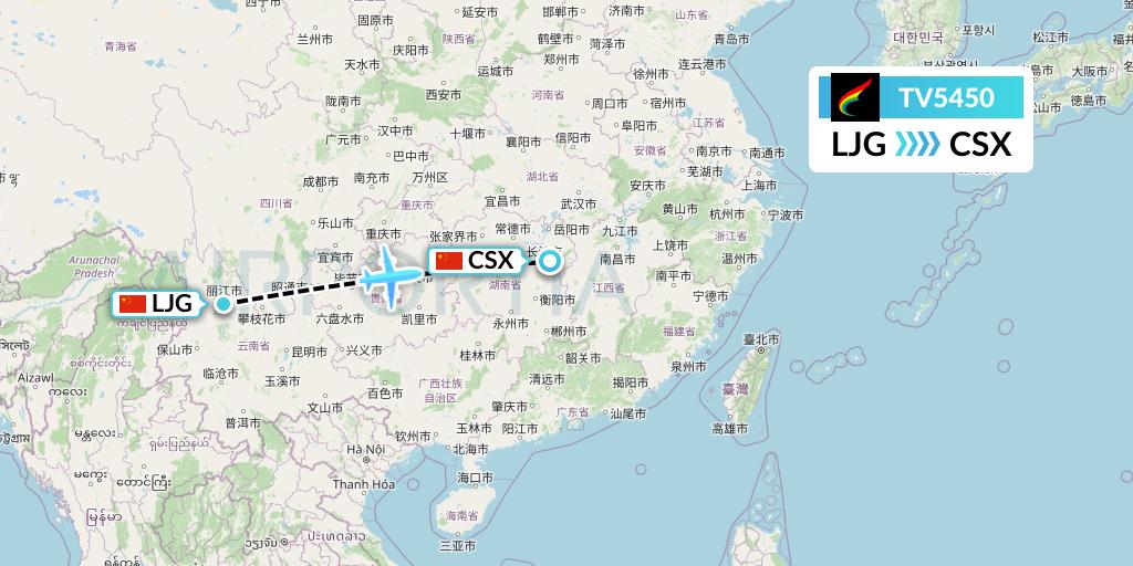 TV5450 Tibet Airlines Flight Map: Lijiang to Changsha