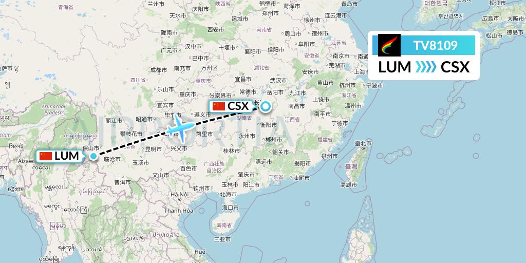 TV8109 Tibet Airlines Flight Map: Mangshi to Changsha