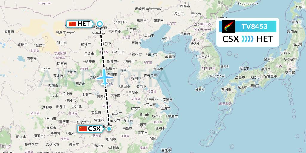 TV8453 Tibet Airlines Flight Map: Changsha to Hohhot