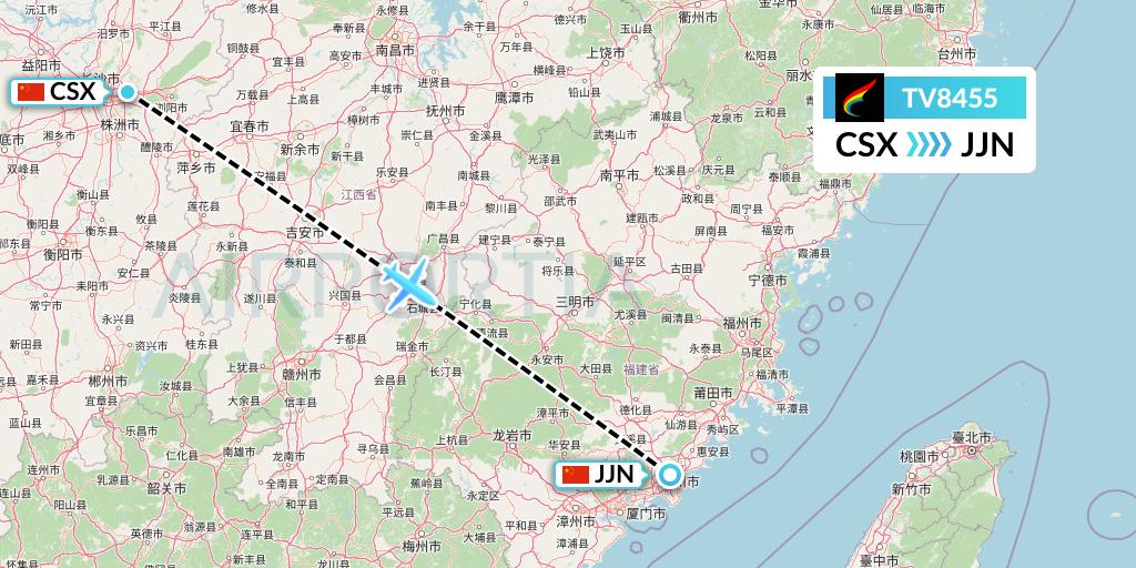 TV8455 Tibet Airlines Flight Map: Changsha to Jinjiang