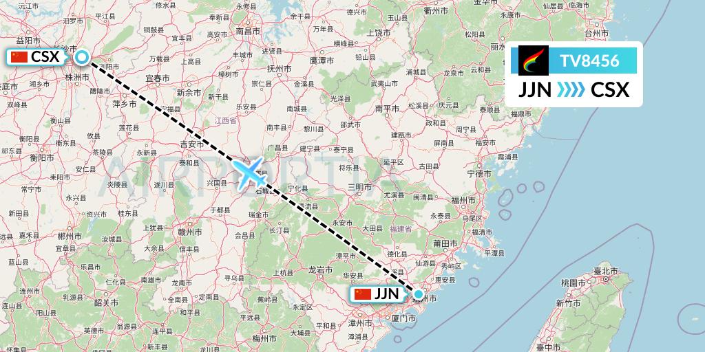 TV8456 Tibet Airlines Flight Map: Jinjiang to Changsha
