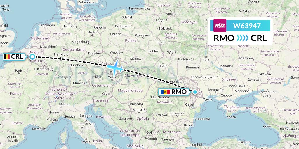 W63947 Wizz Air Flight Map: Chisinau to Brussels