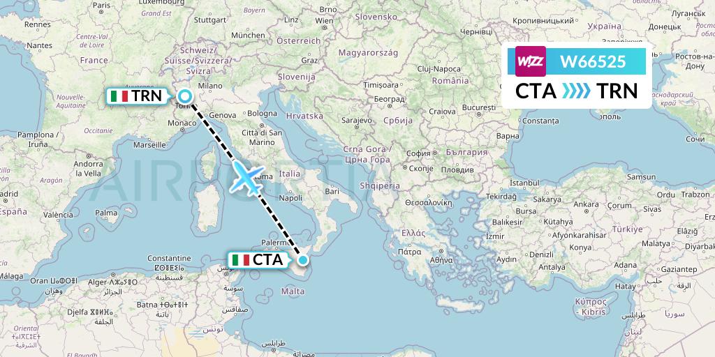 W66525 Wizz Air Flight Map: Catania to Turin