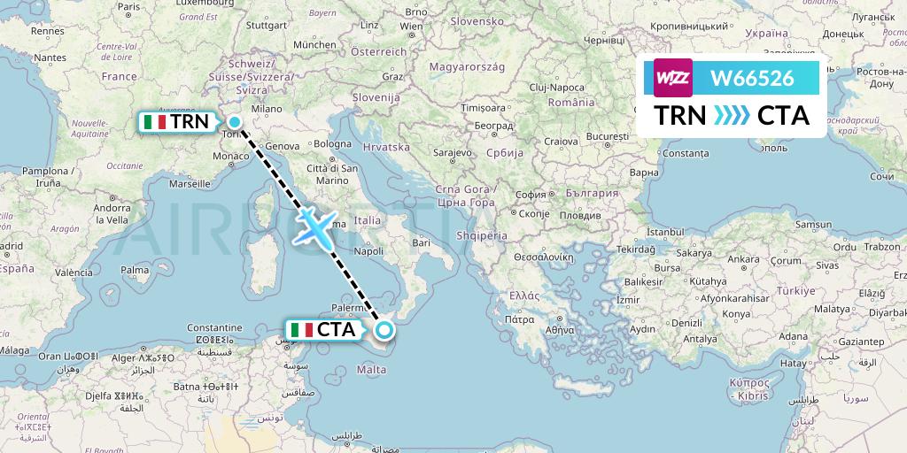 W66526 Wizz Air Flight Map: Turin to Catania