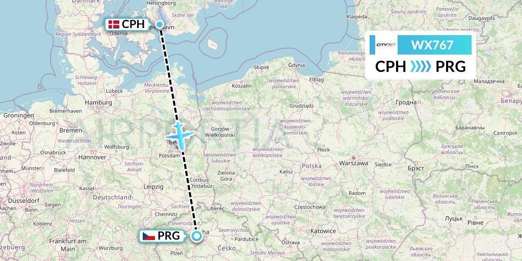 WX767 Cityjet Flight Map: Copenhagen to Prague