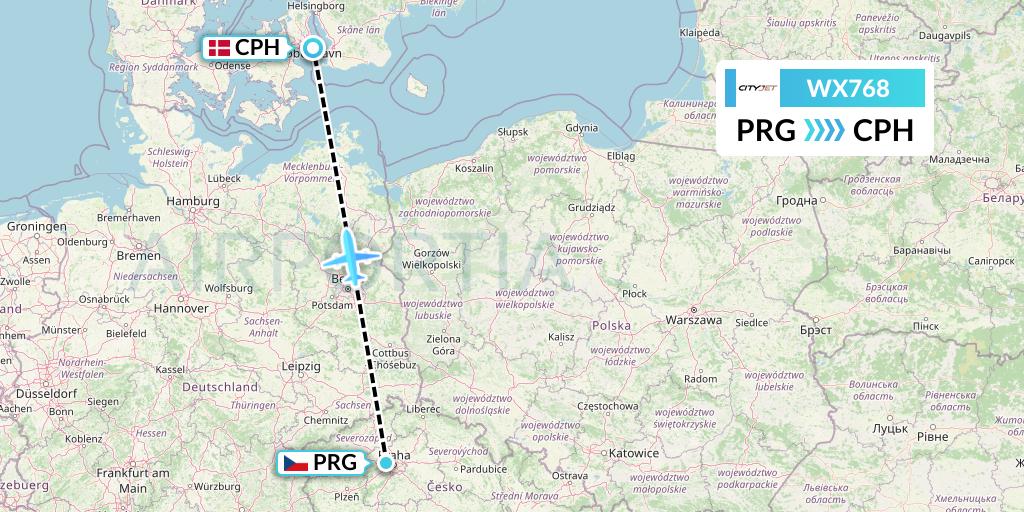 WX768 Cityjet Flight Map: Prague to Copenhagen