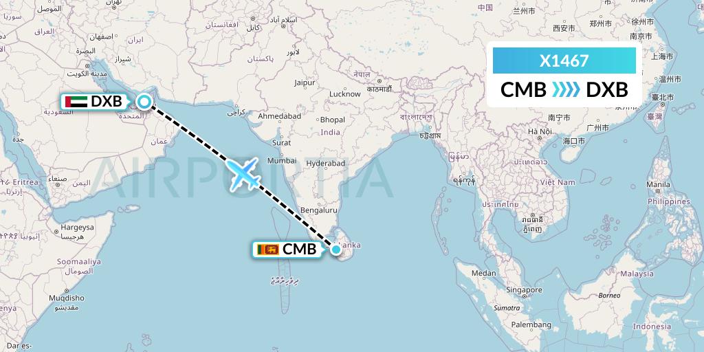 X1467 Nik Airways Flight Map: Colombo to Dubai