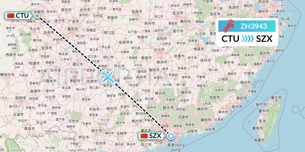 ZH3943 Shenzhen Airlines Flight Map: Chengdu to Shenzhen