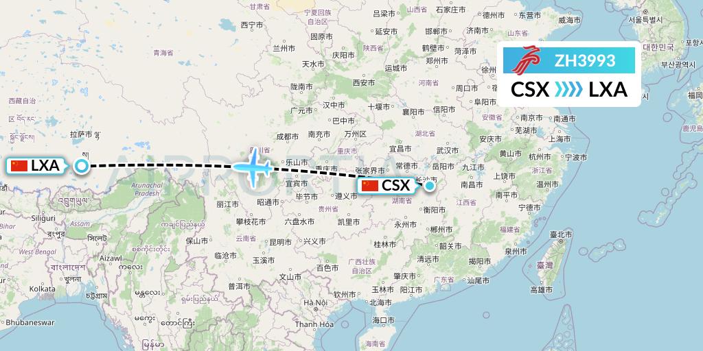 ZH3993 Shenzhen Airlines Flight Map: Changsha to Lhasa