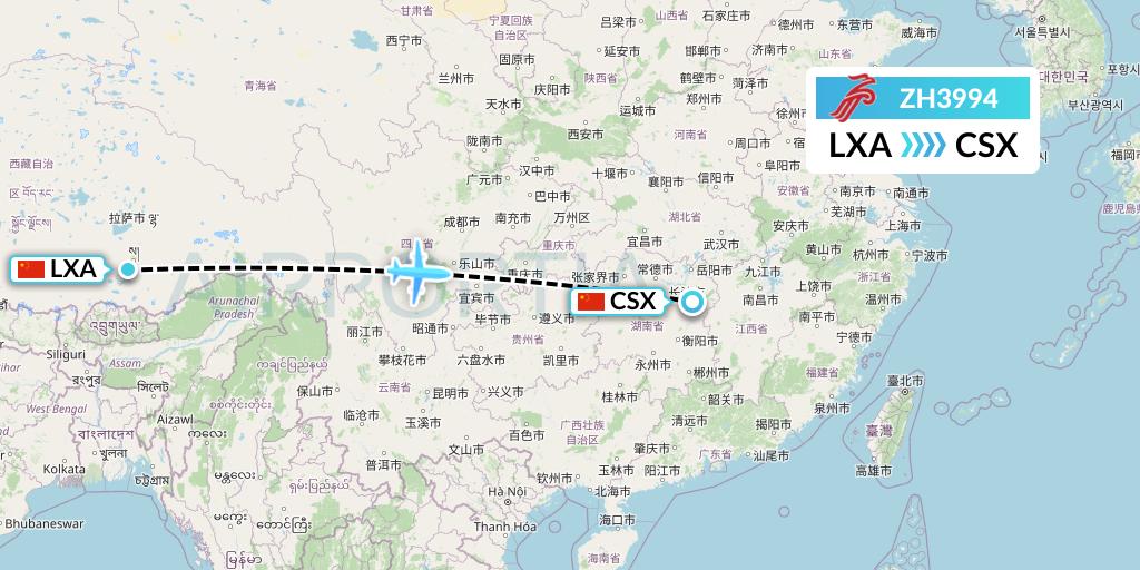 ZH3994 Shenzhen Airlines Flight Map: Lhasa to Changsha