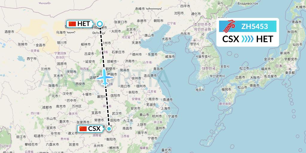 ZH5453 Shenzhen Airlines Flight Map: Changsha to Hohhot