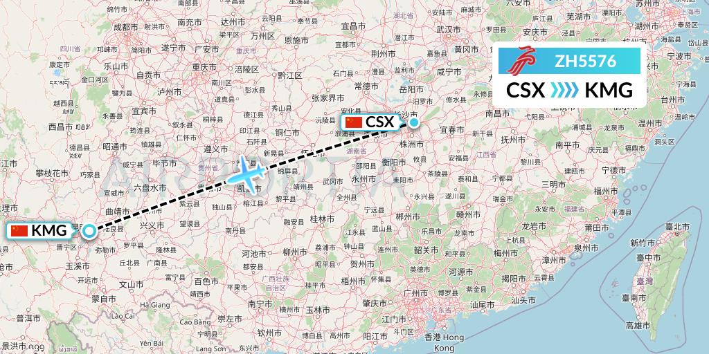 ZH5576 Shenzhen Airlines Flight Map: Changsha to Kunming