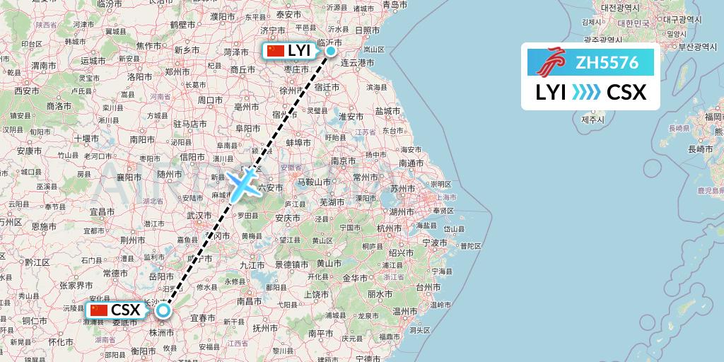 ZH5576 Shenzhen Airlines Flight Map: Linyi to Changsha