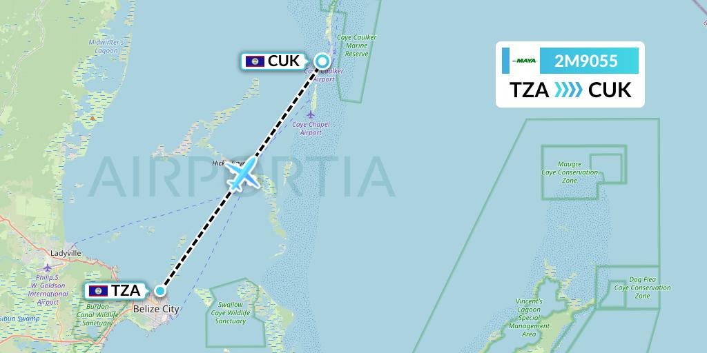 2M9055 Maya Island Air Flight Map: Belize City to Caye Caulker