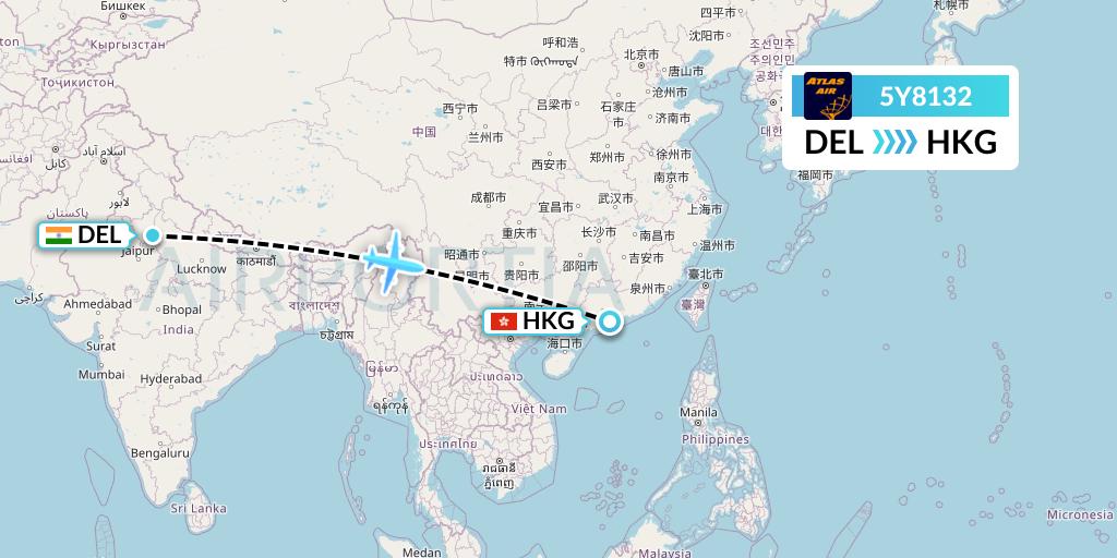 5Y8132 Atlas Air Flight Map: Delhi to Hong Kong